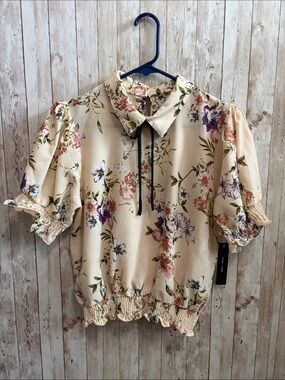🆕 Moa Moa Cream Floral Short-Sleeve Blouse with Tie Collar